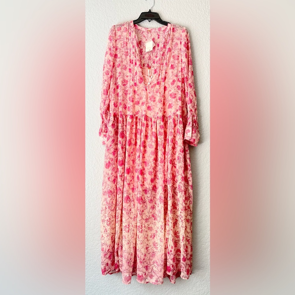 Free People Pink and White Pleated Tiered Sundress with Bishop Sleeves - Picture 3 of 14